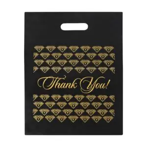 Black and gold luxury thank you pouch with embossed logo and tissue paper insert for jewelry packaging