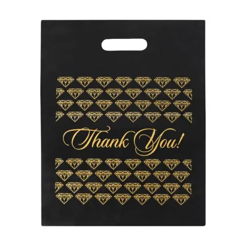 Black & Gold Custom Thank You Bag – Jewelry Packaging Black and gold luxury thank you pouch with embossed logo and tissue paper insert for jewelry packaging