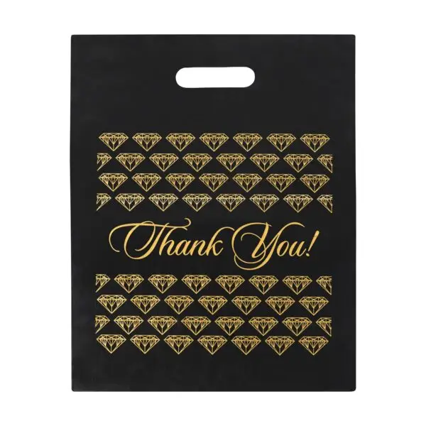 Black & Gold Custom Thank You Bag – Jewelry Packaging Black and gold luxury thank you pouch with embossed logo and tissue paper insert for jewelry packaging