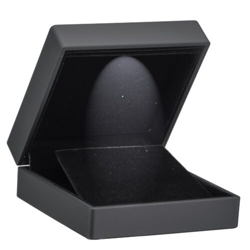 Custom black LED earring and pendant display box with integrated lighting, velvet insert, and brand logo