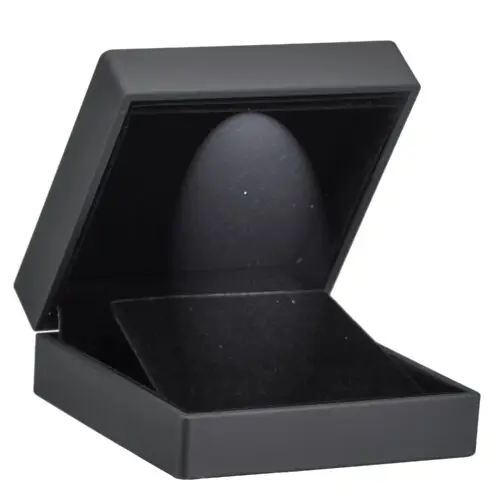Custom black LED earring and pendant display box with integrated lighting, velvet insert, and brand logo