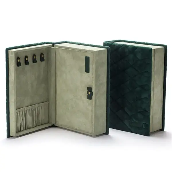 Premium luxury book-shaped portable jewelry travel case with custom logo branding and foam insert