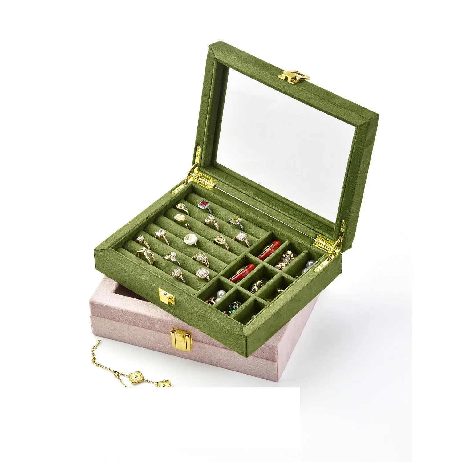 Custom clear acrylic jewelry display case with velvet lining, hinged lid and engraved logo for retail boutique