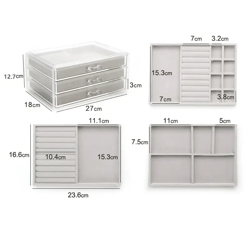 Custom clear acrylic multi-drawer jewelry organizer travel case with velvet lining and laser-engraved brand logo