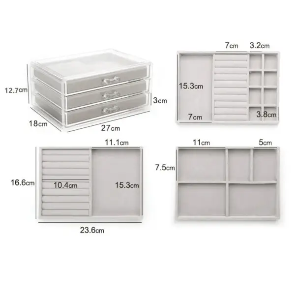 Custom clear acrylic multi-drawer jewelry organizer travel case with velvet lining and laser-engraved brand logo