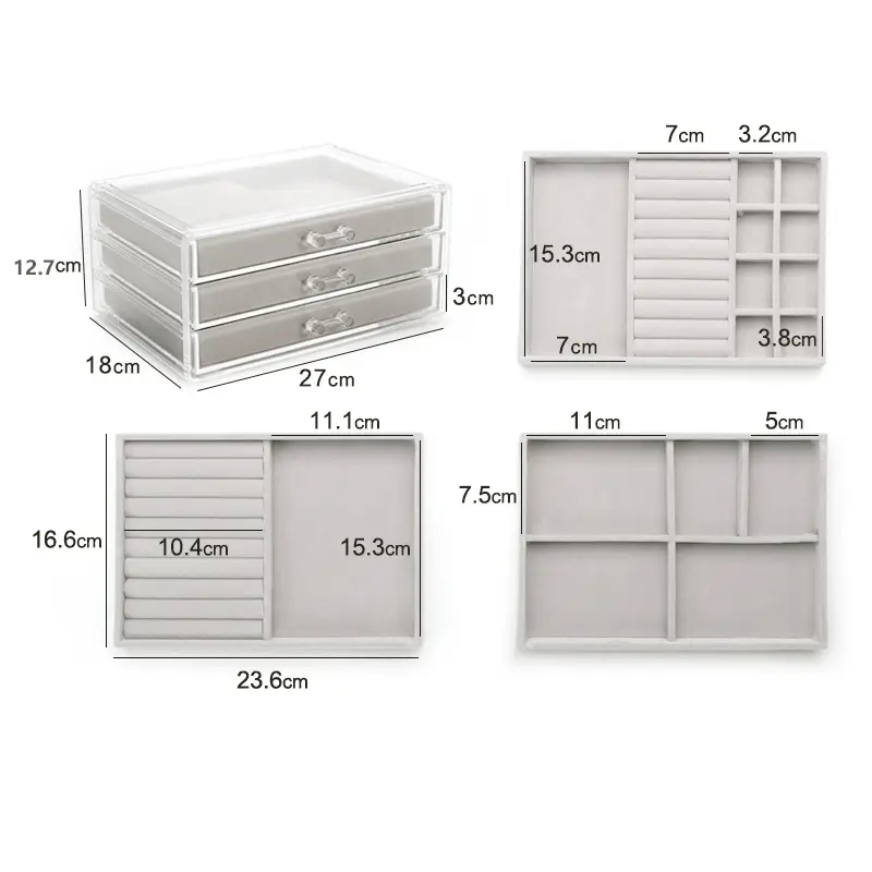 Custom clear acrylic multi-drawer jewelry organizer travel case with velvet lining and laser-engraved brand logo