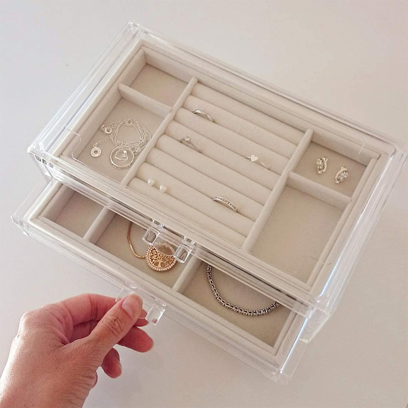 Custom clear acrylic multi-drawer jewelry organizer travel case with velvet lining and laser-engraved brand logo
