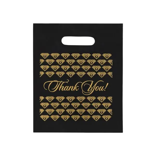 Black and gold custom branded thank you jewelry pouch with gold foil logo, luxury retail gift bag packaging