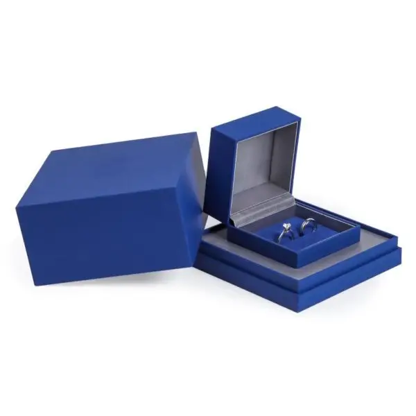 Custom Luxury Blue Paper Jewelry Boxes | OEM Wholesale Rigid Packaging Custom luxury blue rigid paper jewelry boxes with branded foil-stamped logo and velvet insert, wholesale OEM