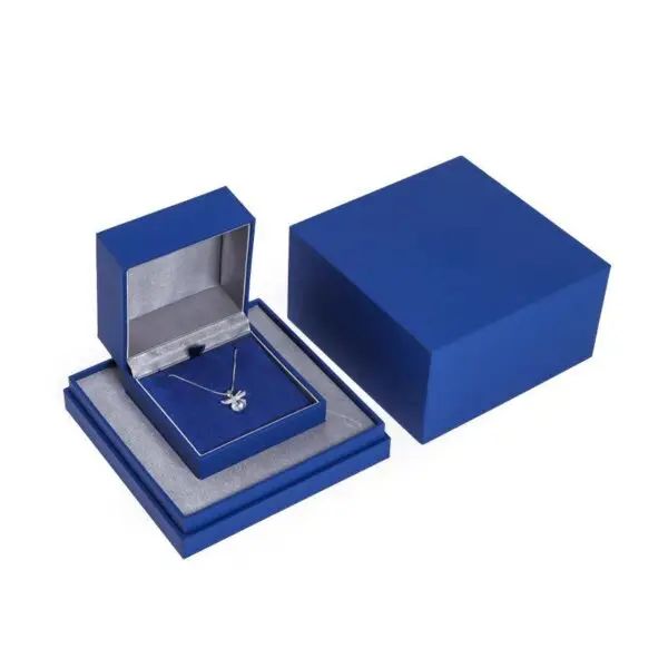 Custom Luxury Blue Paper Jewelry Boxes | OEM Wholesale Rigid Packaging Custom luxury blue rigid paper jewelry boxes with branded foil-stamped logo and velvet insert, wholesale OEM