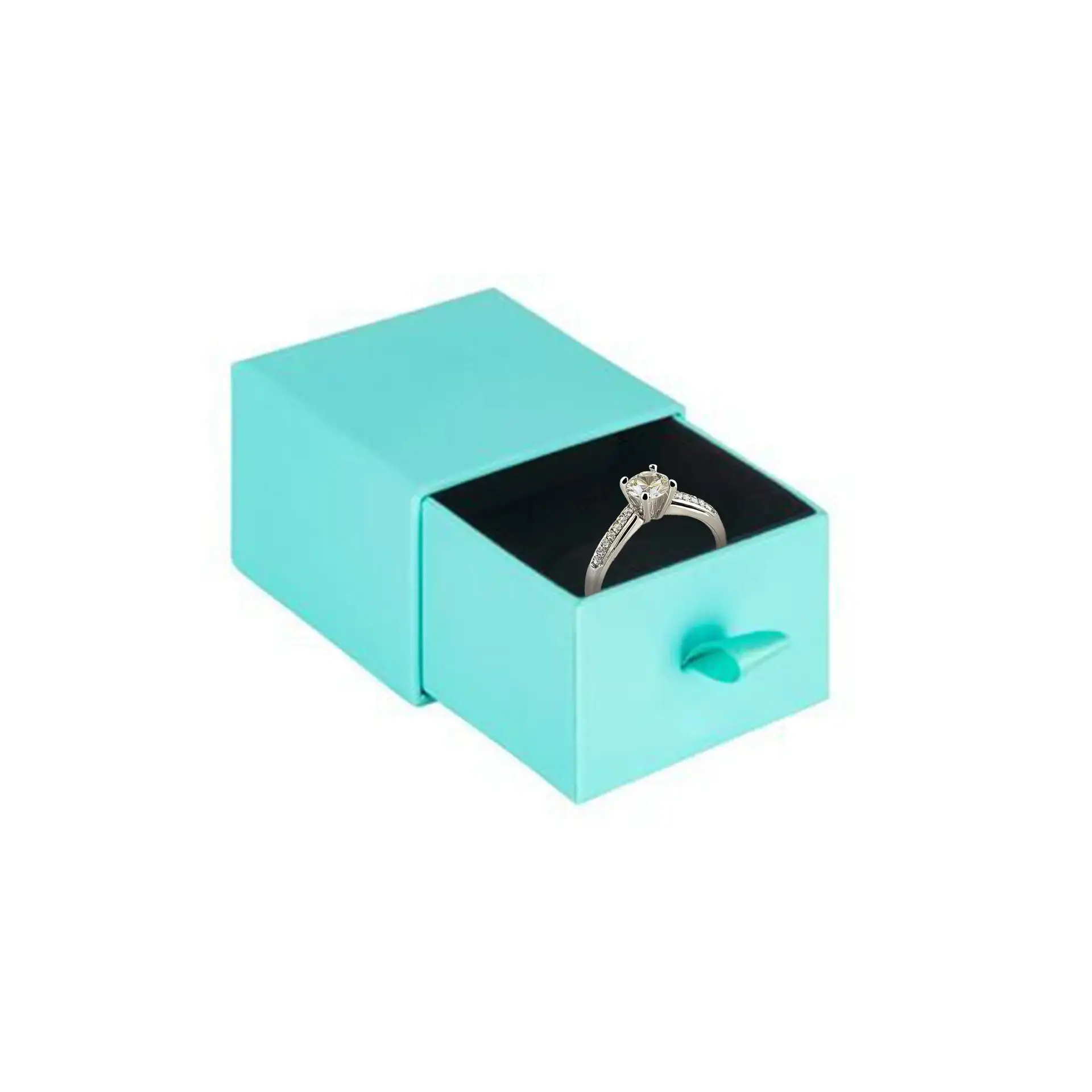 Custom rigid cardboard slide-open drawer ring boxes with velvet insert and gold foil stamped logo, Sleek Collection