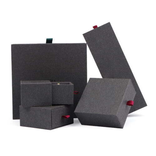 Custom cardboard drawer ring boxes with embossed logo and velvet interior, wholesale jewelry packaging