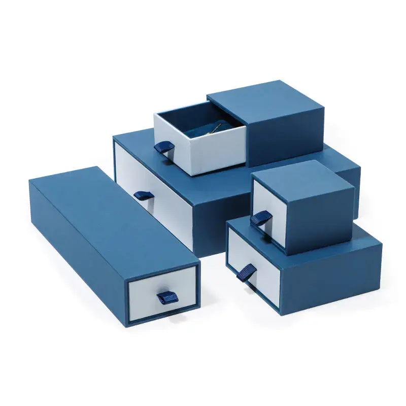 Custom cardboard drawer jewelry set box with embossed logo, velvet insert, and premium finish
