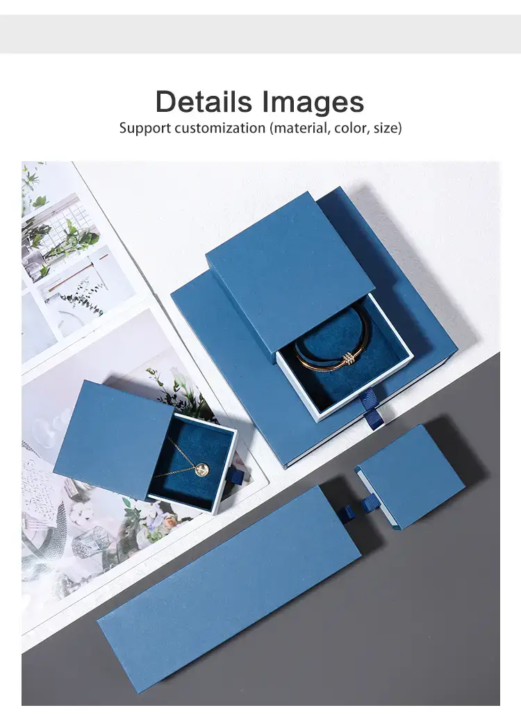 Custom cardboard drawer jewelry set box with embossed logo, velvet insert, and premium finish
