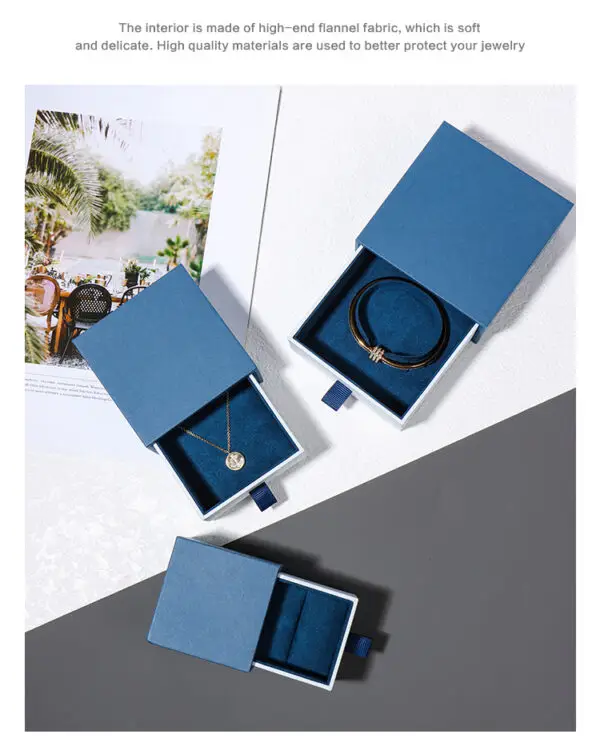 Custom cardboard drawer jewelry set box with embossed logo, velvet insert, and premium finish