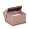 Silk-brushed paper double ring box with embossed logo, microfiber insert, and magnetic closure