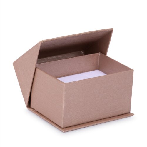 Silk-brushed paper double ring box with embossed logo, microfiber insert, and magnetic closure