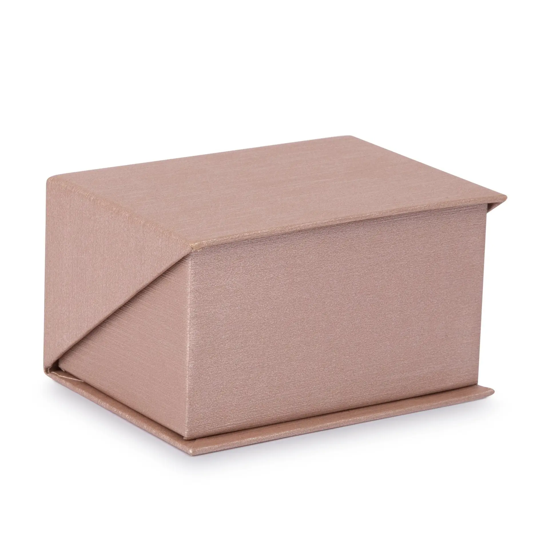 Silk-brushed paper double ring box with embossed logo, microfiber insert, and magnetic closure