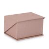 Silk-brushed paper double ring box with embossed logo, microfiber insert, and magnetic closure