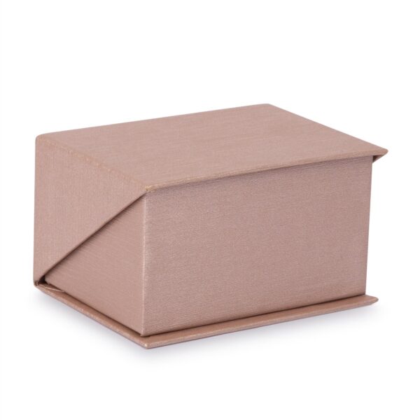 Silk-brushed paper double ring box with embossed logo, microfiber insert, and magnetic closure