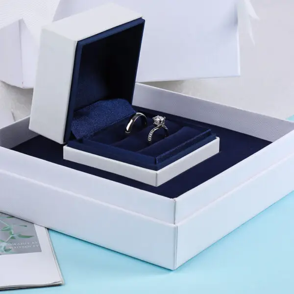 Premium double ring presentation box with two-piece display system, custom branding, and protective foam insert