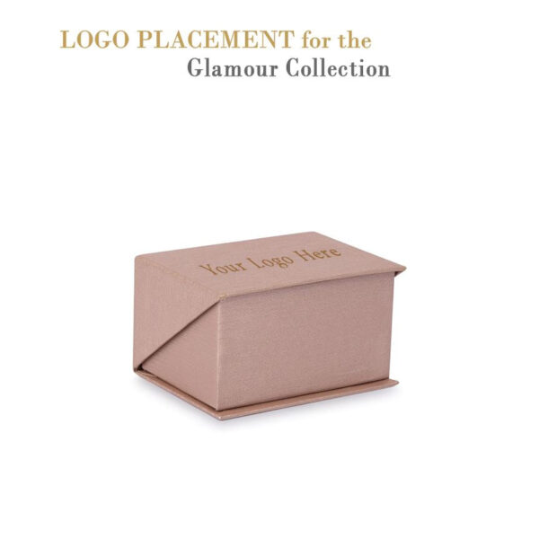 Silk-brushed paper double ring box with embossed logo, microfiber insert, and magnetic closure