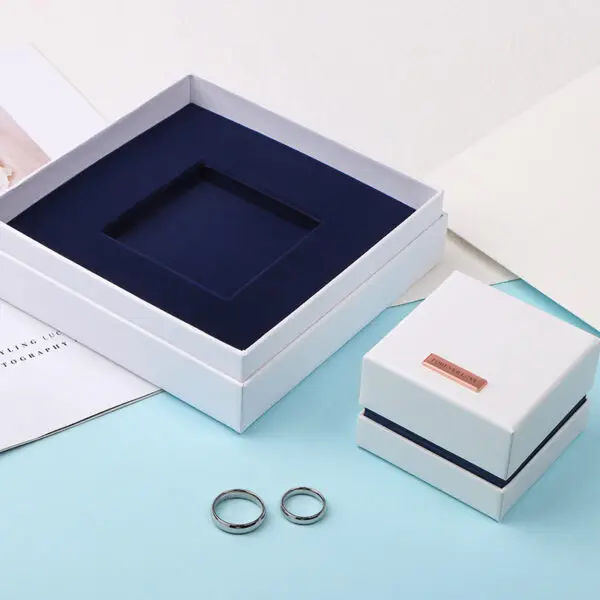 Premium double ring presentation box with two-piece display system, custom branding, and protective foam insert