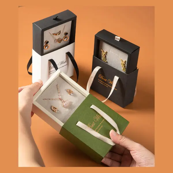 Custom Paper Drawer Jewelry Gift Box with Handle — Cardboard Chest Packaging Custom paper drawer jewelry box with carry handle — branded cardboard chest packaging for jewelry brands and retailers