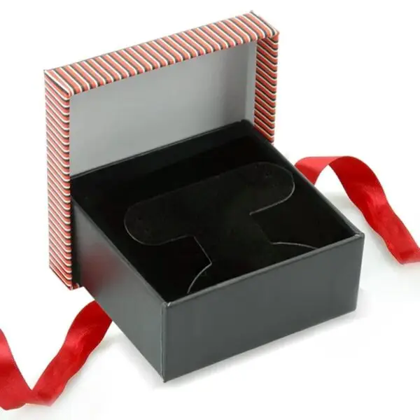 Striped Bow T-Bar Earring & Pendant Display Box - Custom Rigid Packaging Premium striped rigid earring box with bow T-bar display insert and custom branding options for jewelry retailers