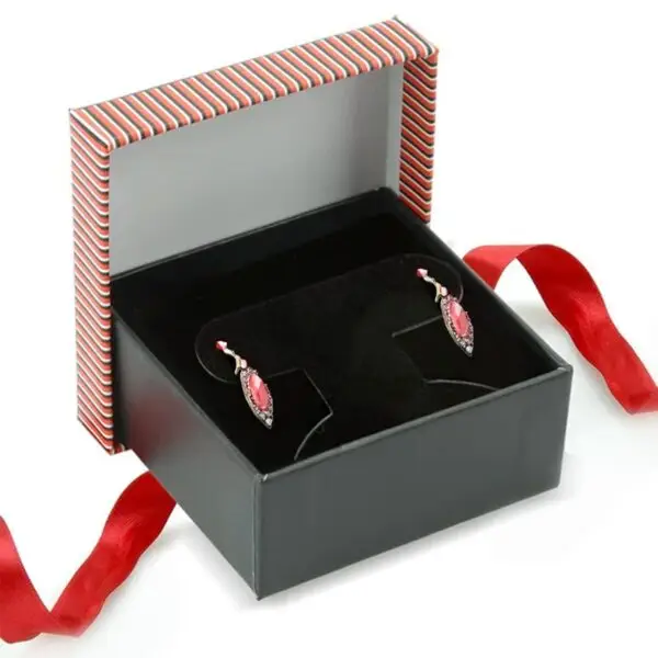 Striped Bow T-Bar Earring & Pendant Display Box - Custom Rigid Packaging Premium striped rigid earring box with bow T-bar display insert and custom branding options for jewelry retailers