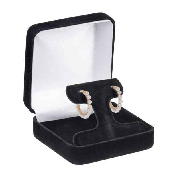 Velveteen T-style earring box with custom logo branding, premium interior display, and luxury packaging for jewelry brands