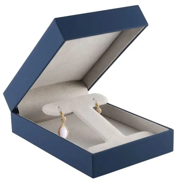 Soft touch long T-style earring box with protective removable sleeve, custom branded jewelry packaging