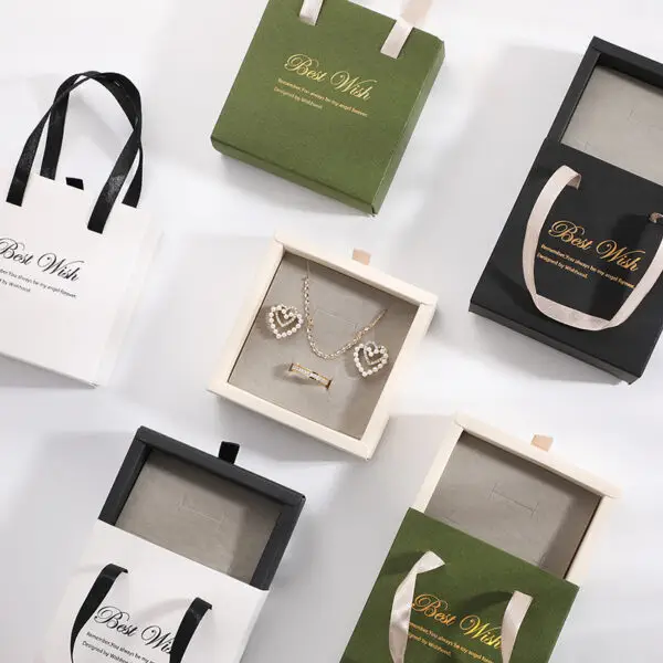 Custom rigid paper earring box with handle, showing branding, foam insert, and premium packaging design for jewelry retailers