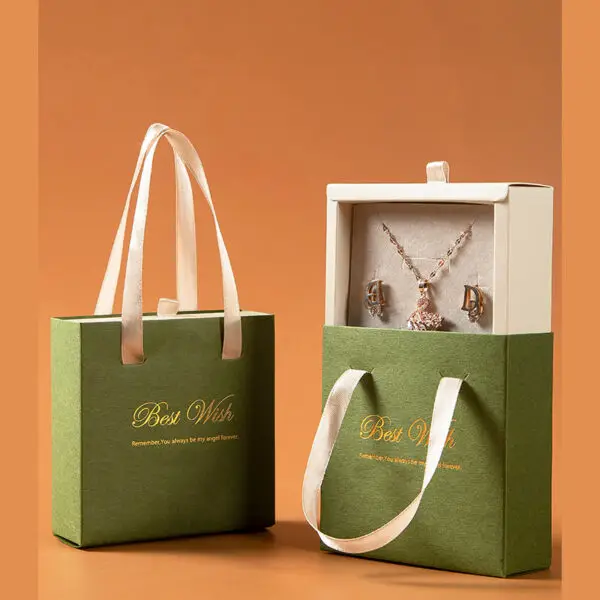 Custom rigid paper earring box with handle, showing branding, foam insert, and premium packaging design for jewelry retailers