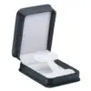 Textured leatherette earring display box with T-slot insert, custom branding, shown open and closed