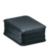 Textured leatherette earring display box with T-slot insert, custom branding, shown open and closed