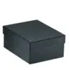 Textured leatherette earring display box with T-slot insert, custom branding, shown open and closed