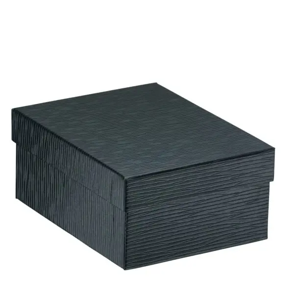 Textured leatherette earring display box with T-slot insert, custom branding, shown open and closed