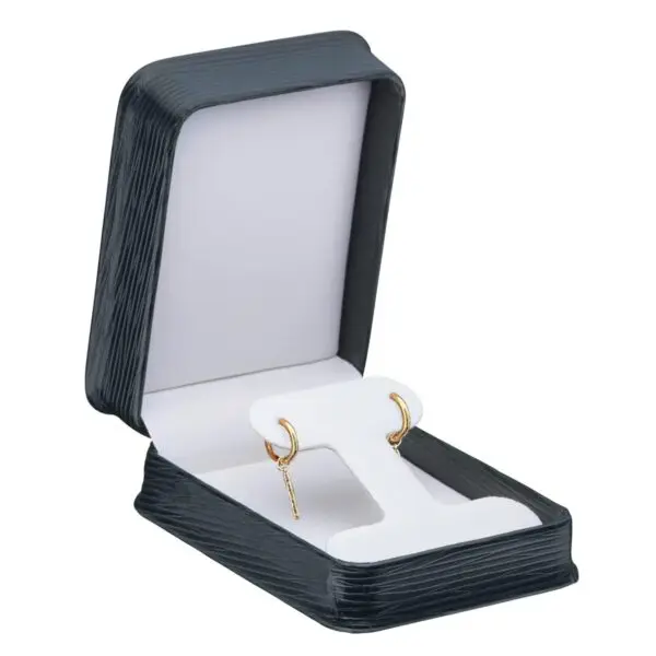 Textured leatherette earring display box with T-slot insert, custom branding, shown open and closed