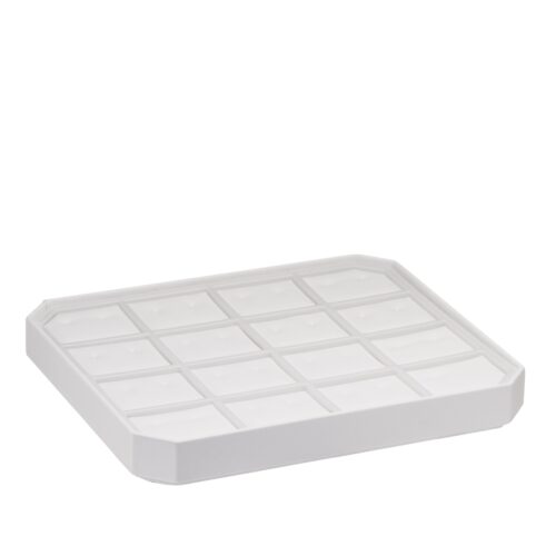 Custom leatherette octagon earring display tray with 16 slots, stackable design in natural beige color