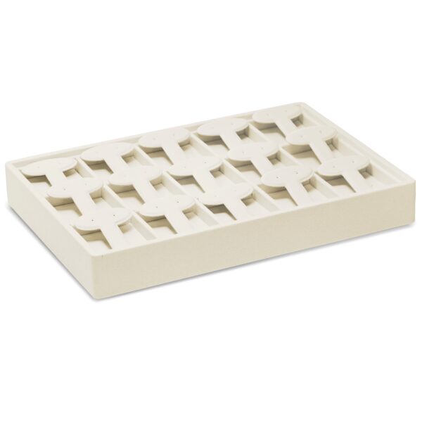 Professional suede stackable earring display tray with 15 long earring T-bar slots, custom retail jewelry organizer