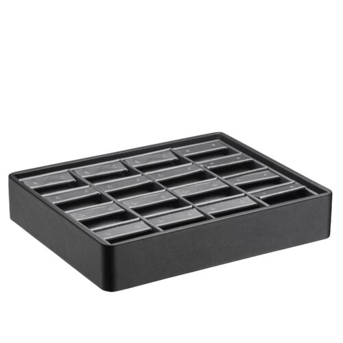 Leatherette Stackable 16-Earring Display Tray with Custom Branding Leatherette stackable earring display trays with custom logo branding and 16-slot compartments for jewelry retail