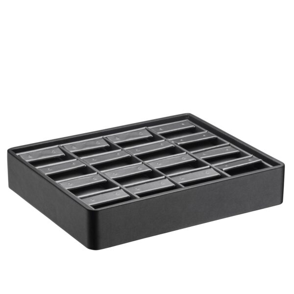 Leatherette stackable earring display trays with custom logo branding and 16-slot compartments for jewelry retail