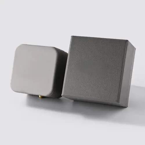 Luxury grey leather custom engagement ring box with velvet insert, perfect for personalized branding