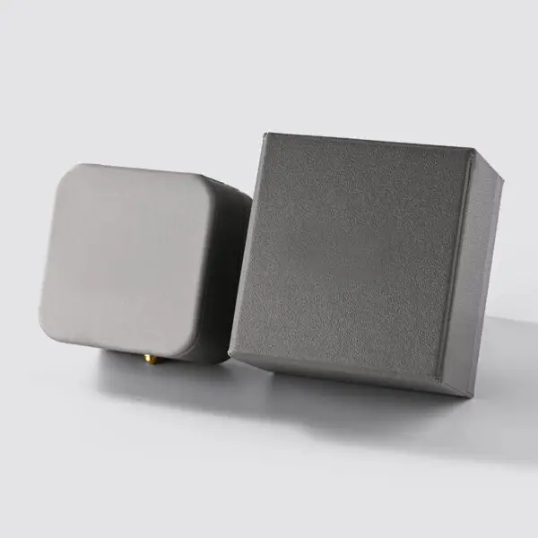 Luxury grey leather custom engagement ring box with velvet insert, perfect for personalized branding