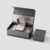 Luxury grey leather custom engagement ring box with velvet insert, perfect for personalized branding