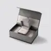Luxury grey leather custom engagement ring box with velvet insert, perfect for personalized branding