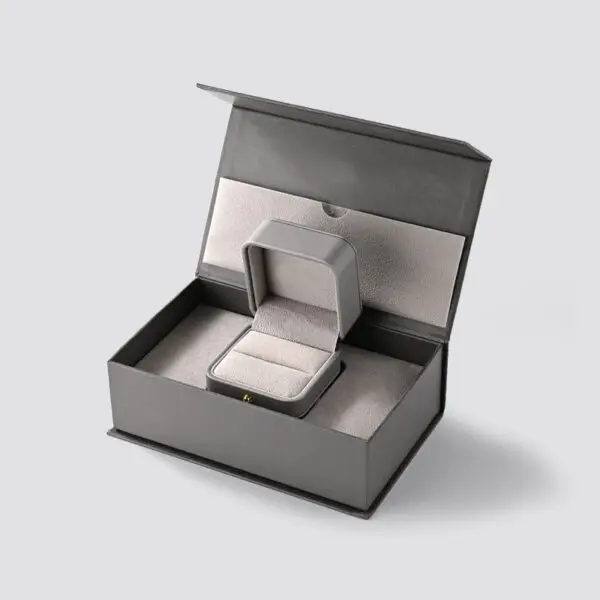 Luxury grey leather custom engagement ring box with velvet insert, perfect for personalized branding