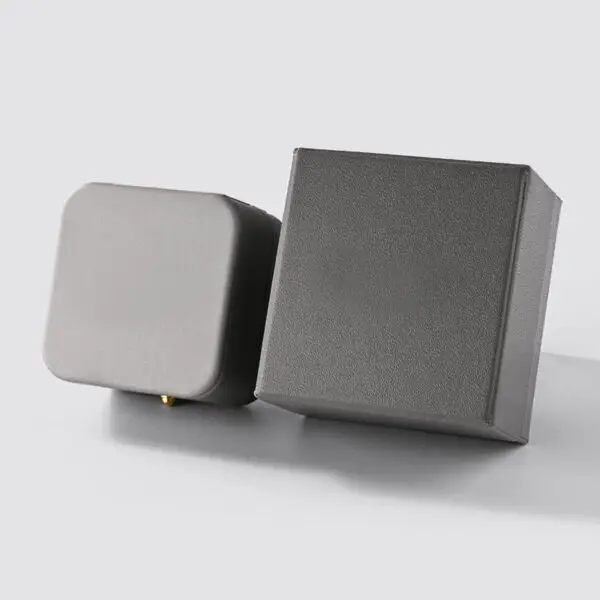 Luxury grey leather custom engagement ring box with velvet insert, perfect for personalized branding