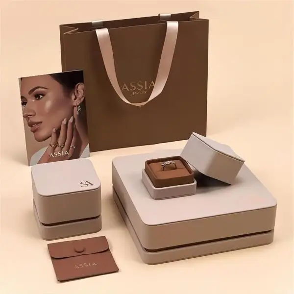 Premium faux leather two-piece jewelry box with customizable color, embossed logo, and luxury velvet interior insert.